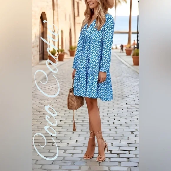 Royal Blue Bohemian Casual Smock Summer Dress - Picture 2 of 6